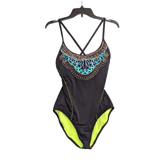 Nanette Lepore Embroidered Beaded One-Piece Swimsuit Black Crisscross Back Size - Picture 1 of 5